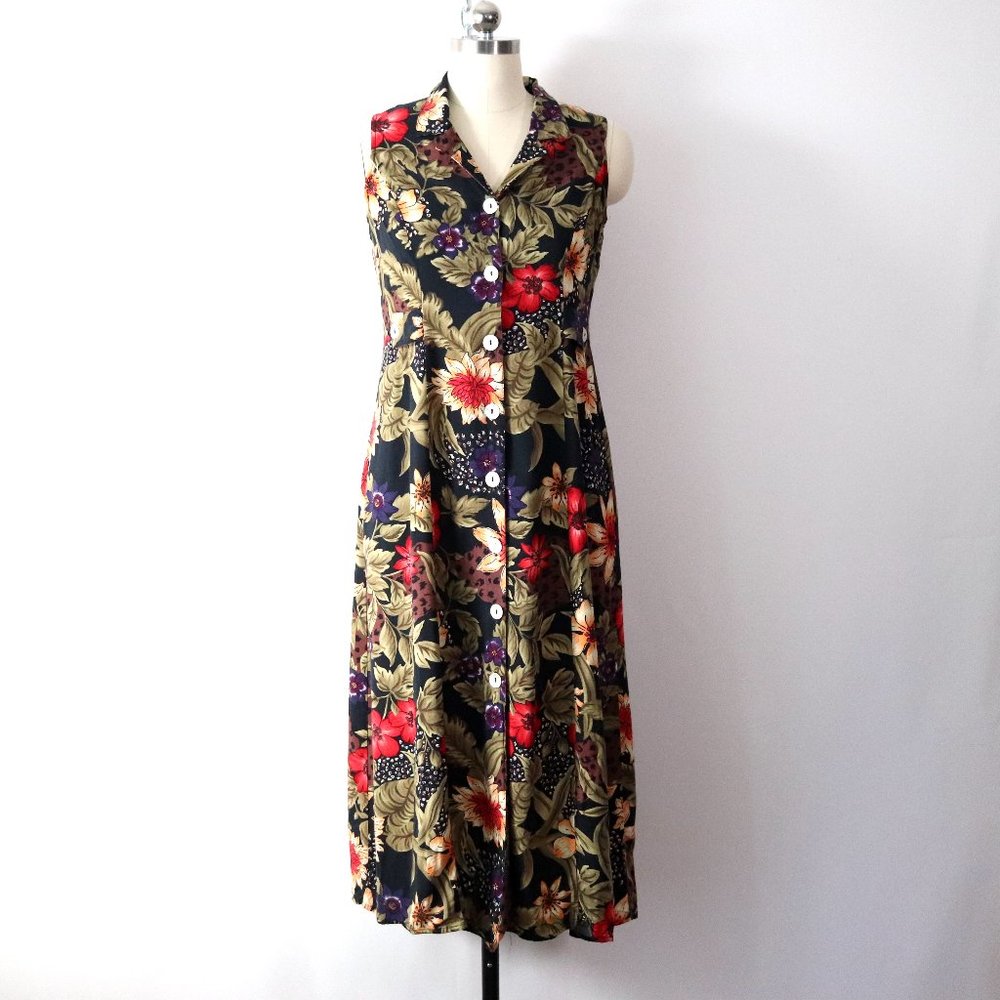 vintage 90s tropical floral sleeveless shirt dress